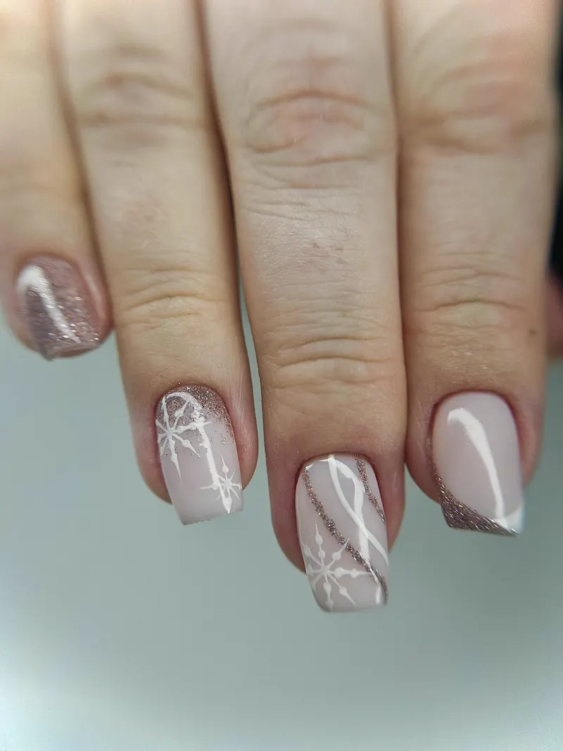 Mlečno nude s srebrnimi snežinkami in glitterjem